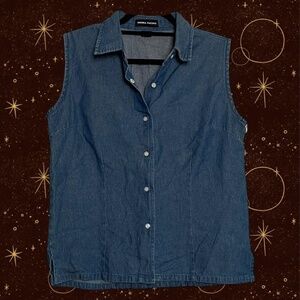Navy blue denim button up vest with a collared neckline and button front